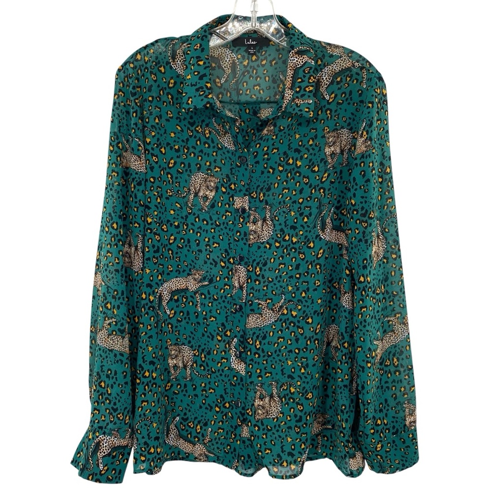Lulus One Cool Cat Emerald Green Leopard Print Button-Up Top Blouse